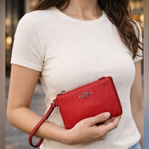 Coach Red Pebble Leather Wristlet Wallet Zip Pouch NWT